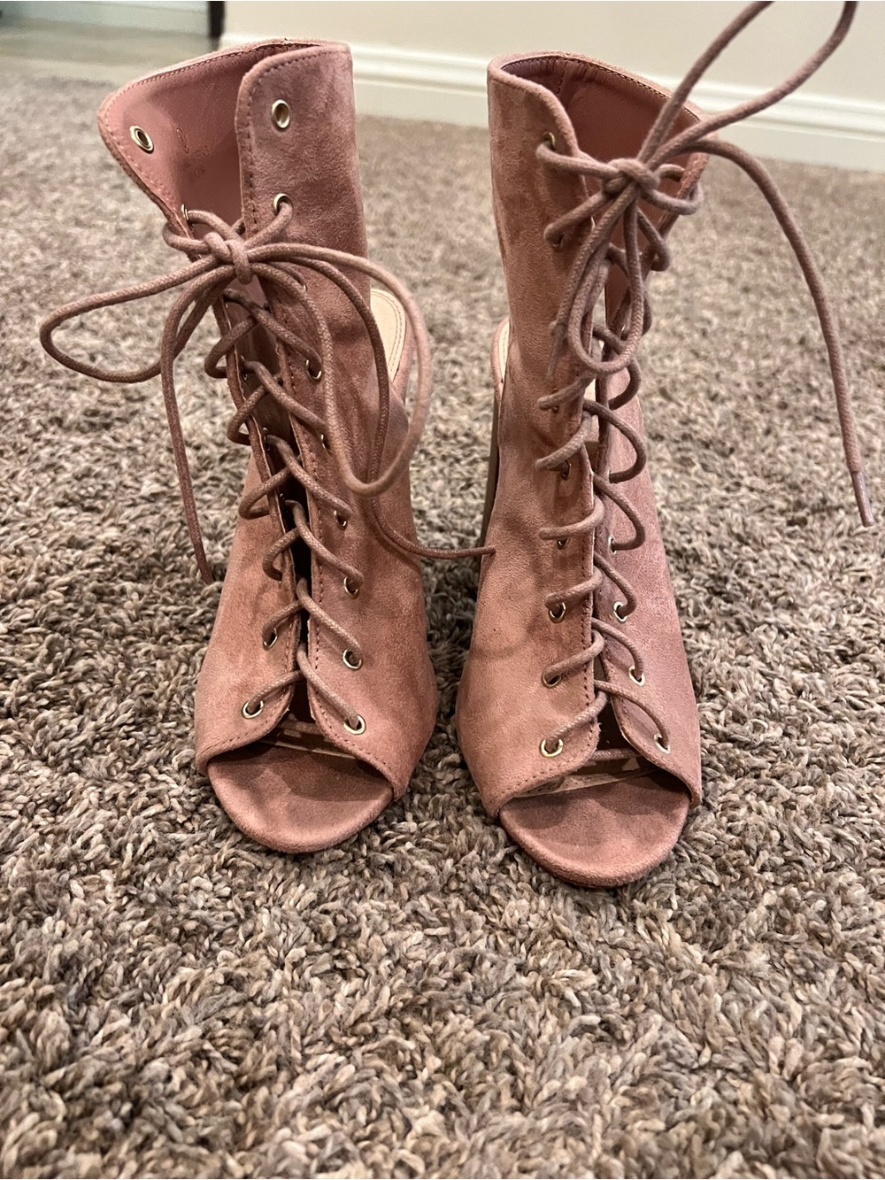 Liliana Dusty Rose Lace-Up Peep-Toe High Heel Booties